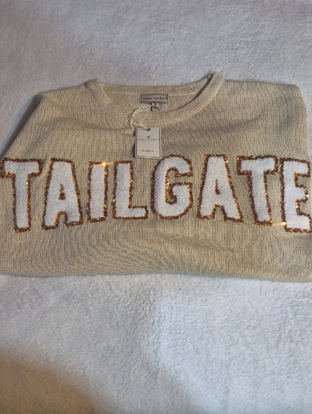 Simply Southern Cream Crewneck Sweater with Gold Sequin Trim